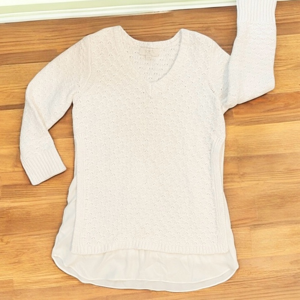 LOFT Mixed Media Light Knit Camisole Crewneck Tunic Sweater White Size XS